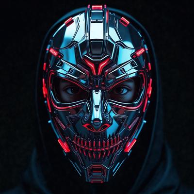 The primary subject of the image is a close-up of a futuristic, metallic mask with a red glow. The mask is part of a costume, and it appears to be a part of a character's head. The setting is a dark room, which adds to the mysterious and dramatic atmosphere of the image. The visual style is a combination of digital art and illustration, creating a striking and detailed representation of the mask. The colors and mood of the image are predominantly dark and intense